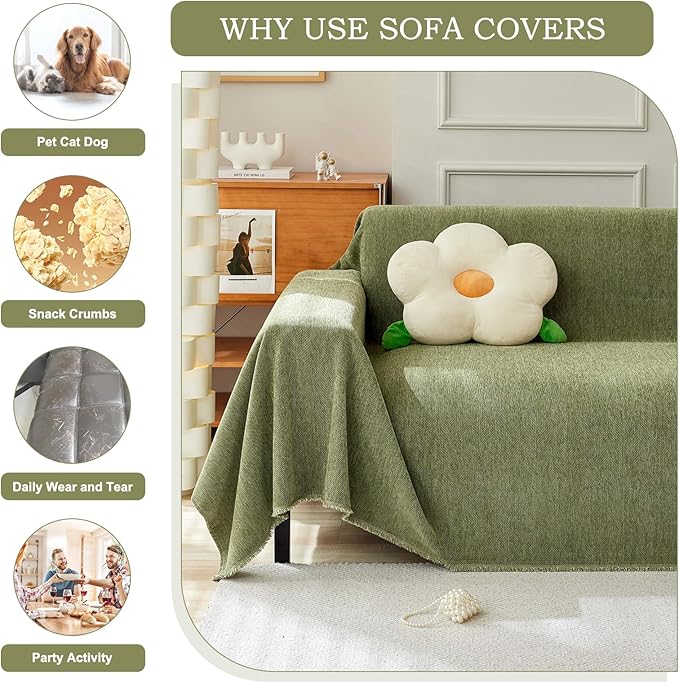 STACYPIK Soft Matcha Green Sectional Couch Covers Minimalist Sofa Throw Cover Herringbone Couch Protector for 2 Cushion Couch L Shape Sofa Cover Futon Cover Decorative for Couch-71X118IN