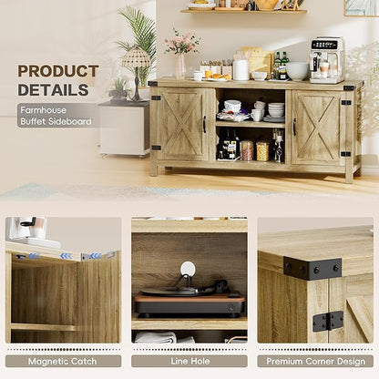 YESHOMY Farmhouse Buffet & Sideboard, 58" Kitchen Storage Cabinet with Adjustable Shelves & Doors, Wood Coffee Bar for Living Room, Entryway, Yellow
