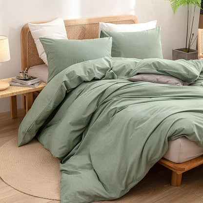 BESTOUCH Duvet Cover Set 100% Washed Cotton Linen Feel Super Soft Comfortable Chic Lightweight 3 PCs Home Bedding Set Solid Green Cal King