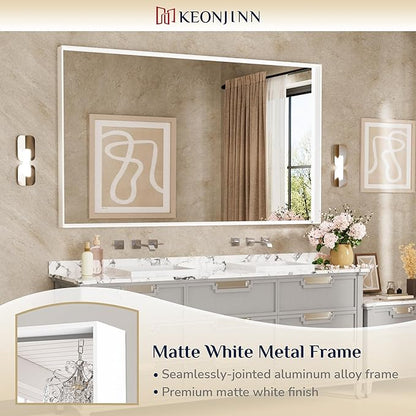 Keonjinn 60 x 36 Inch White Bathroom Mirrors Metal Framed Large Bathroom Mirror for Over Sink Metal Framed Rectangle Wall Mirror Modern Square Corner Matte White Rectangle Mirror(Horizontal/Vertical)