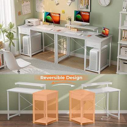 Computer Desk with Adjustable Monitor Stand, 39.4 in Small Desk with Reversible Storage Shelves, Office Desk with Spacious Desktop Spaces for Home Bedroom Workstation, White