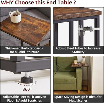 Side Table Small End Table C Shaped, Slide Under Laptop Desk for Couch, Living Room Side Table, TV Trays for Eating on Couch, Rustic Brown+Black YD-TM051HB-2