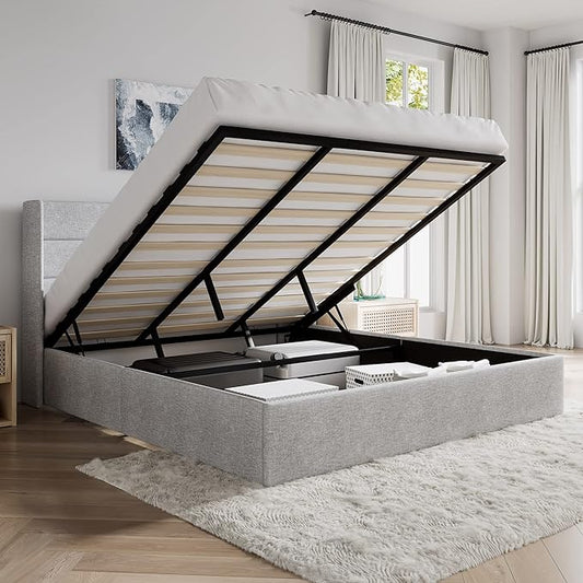 SHA CERLIN King Size Lift Up Storage Bed/Modern Wingback Headboard/Upholstered Platform Bed Frame/Hydraulic Storage/No Box Spring Needed/Wood Slats Support/Light Grey