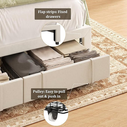 King Bed Frame with Storage Drawers, Upholstered Platform Bed with Headboard and Wingboard, No Box Spring Needed, NO Noise, Easy Assembly, Wooden Support Slats, Beige