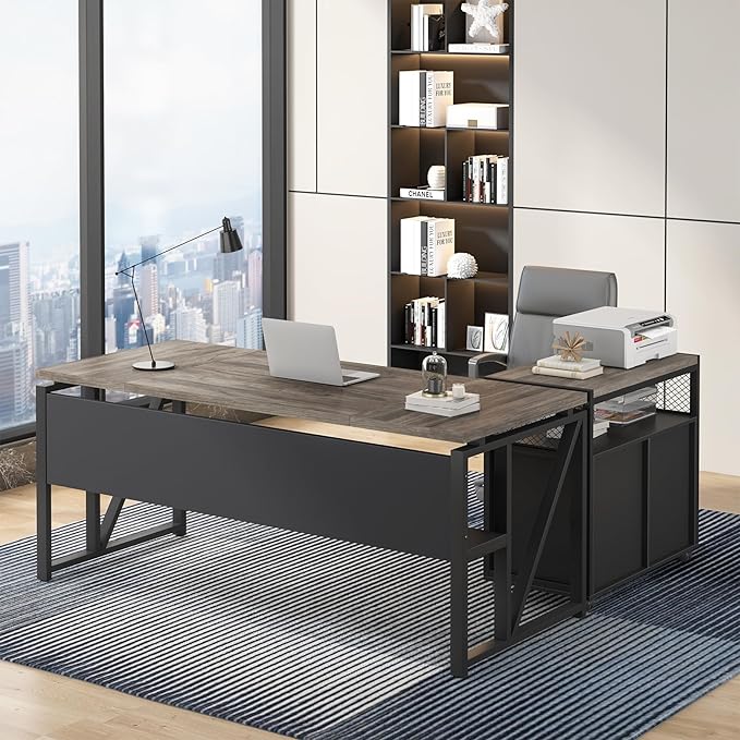 Tribesigns Office Compute rDesk with Drawers Sets, 63 inches L Shaped Executive Desk with Mobile File Cabinet for Home Office Furniture Sets (Dark Oak, 63-inch)