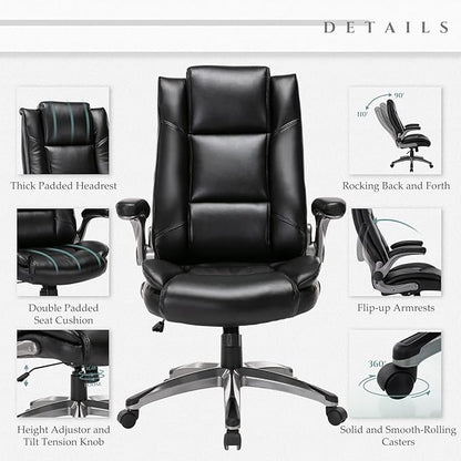 Leather Executive Office Chair - High Back Home Computer Desk Chair with Padded Flip-up Arms, Adjustable Tilt Lock, Swivel Rolling Ergonomic Chair for Adult Working Study, Black
