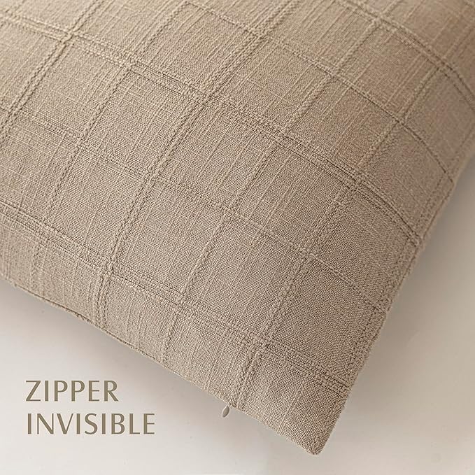 Foindtower Set of 2 Decorative Linen Check Throw Pillow Covers Neutral Farmhouse Vintage Cushion Covers Modern Coastal Boho Home Decor For Sofa Chair Couch Bedroom Living Room Outdoor,24×24 Inch,Camel