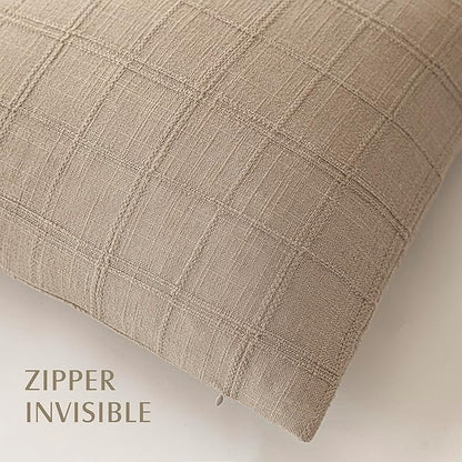 Foindtower Set of 2 Decorative Linen Check Throw Pillow Covers Neutral Farmhouse Vintage Cushion Covers Modern Coastal Boho Home Decor For Sofa Chair Couch Bedroom Living Room Outdoor,26×26 Inch,Camel