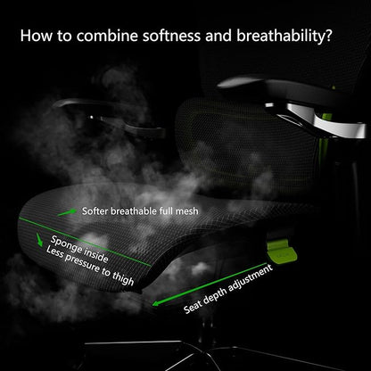 Ergonomic Office Chair, Mesh Home Office Desk Chair with Adaptive Lumbar Support, Gaming Chair with Headrest, 5D Armrest,90-130°Tilt, BIFMA Certified, Model Zen (Green)