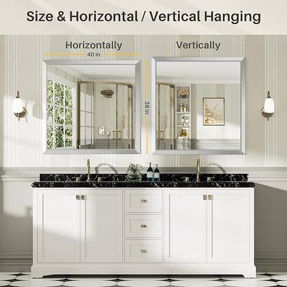 40x38 Inch Silver Bathroom Mirror for Wall, Thick Metal Framed Rectangle Mirrors for Over Sink, Bedroom, Living Room, Entryway, Anti-Rust, HD Tempered Glass