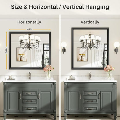 40x36 Inch Black Bathroom Mirror for Wall, Thick Metal Framed Rectangle Mirrors for Over Sink, Bedroom, Living Room, Entryway, Anti-Rust, HD Tempered Glass