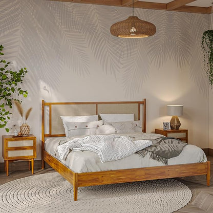 Bme Oliver King Bed Frame and Headboard - 15-Inch Signature Design with Rattan Headboard, Bohemian and Mid Century Style, 12-Slat Wood Support, No Box Spring Needed - Easy Assembly, Caramel