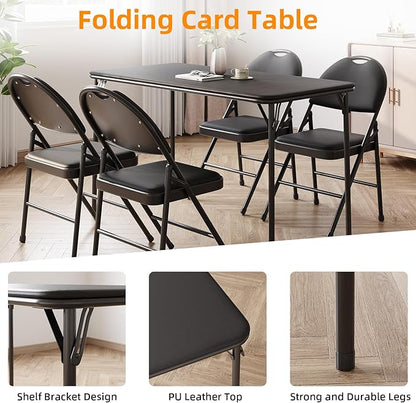 IDEALHOUSE Protable Folding Table and Chairs, 5 Piece Folding Card Table and Chairs Set, Foldable PU Upholstered Table and Chairs Set of 5, for Dining Room, Living Room, Office, Camping, Black