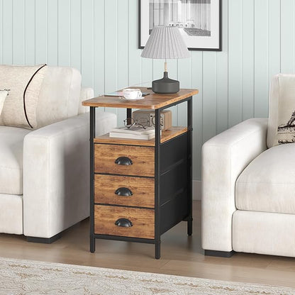 End Table with Charging Station, Side Tables Livingroom with USB Ports and Outlets,Narrow Nightstands Bedside Tables with 3 Drawers for Small Space,Slim Sofa Table Bedroom,Rustic Brown