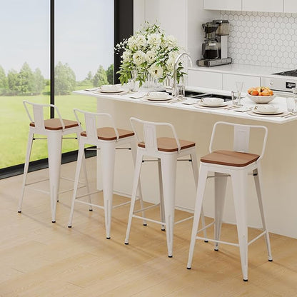 Yongchuang 24 inch Barstools Set of 2 Counter Height Bar Stools Farmhouse Kitchen Metal Bar Chairs with Wood Seat Low Back Cream White