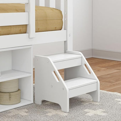 Max & Lily Soren Ultra Low Loft Bed, Twin Bed Frame for Kids with Bookcase, White