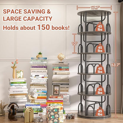 Aheaplus 5 Tier Rotating Bookshelf Tower, 360 Display Spinning Bookcase, Revolving Round Book Shelf Narrow Swivel Bookshelf, Vertical Turning Corner Book Organizer for Small Space, Black Oak
