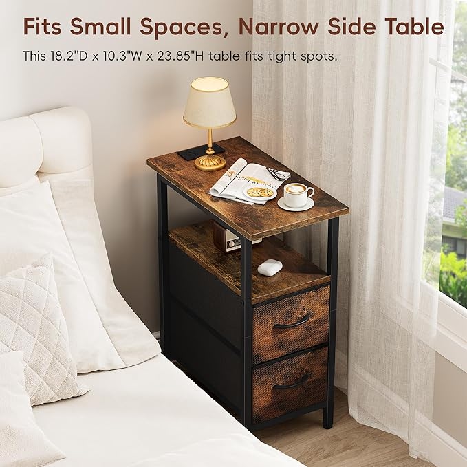 Vagusicc End Table with Charging Station Set of 2, Narrow Side Table, 23.8'' Tall Nightstand with 2 Drawers, Small Sofa Side Table Narrow Nightstand for Small Spaces Living Room, Bedroom, Rustic Brown