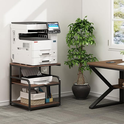 23.6" Deep Extra Large Printer Stand, 3 Tier Printer Table with Adjustable Storage Shelf, Rolling Printer Cart with Industrial Wheels for Home Office, Rustic Brown
