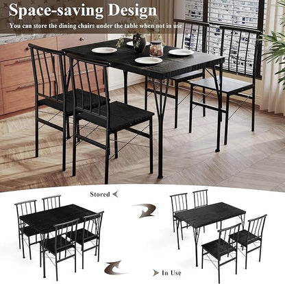 5 Piece Dining Table Set with 1.6" Thick Desktop, Modern Metal&Wood Kitchen Dinner Table with 4 Chairs, Dining Room Table Sets for Small Spaces, Black