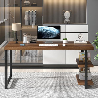 FOLUBAN Modern Computer Desk for Home Office, Large Writing Table with Storage Shelves, Wood and Metal Study Gaming Desk Workstation for Living Room, Rustic Walnut, 60 Inch