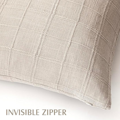 Foindtower Set of 2 Decorative Linen Check Throw Pillow Covers Neutral Farmhouse Vintage Cushion Covers Modern Boho Home Decor For Sofa Chair Couch Bedroom Living Room Outdoor,24×24 Inch,Natural Linen