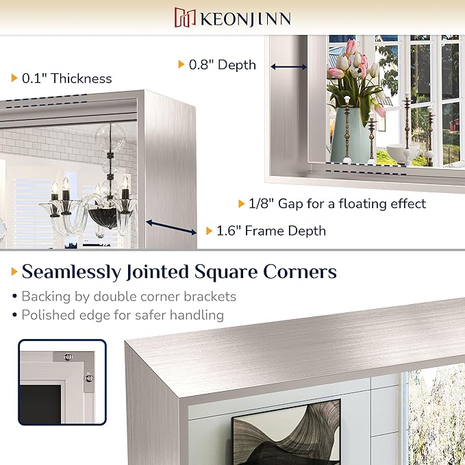Keonjinn 24 x 36 In Brushed Nickel Bathroom Mirror, Rectangular Metal Framed Wall Vanity Mirror for Over Sink Square Corner Aluminum Alloy Modern Farmhouse Rectangle Silver Mirror(Horizontal/Vertical)