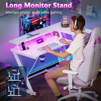 40 Inch Gaming Desk with Power Outlet & LED Lights, L Shaped Computer Gaming Table with 3 Tiers Storage Shelves, Corner Gamer Desk with Monitor Stand for Small Space, Carbon Fiber White