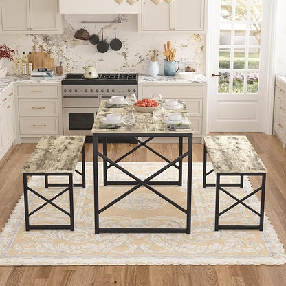 VECELO Kitchen Dining Table Set for 4, 43.3" Wood Rectangle Dinette with 2 Benches, Heavy-Duty Metal Frame for Small Space, Breakfast Nook, Grey