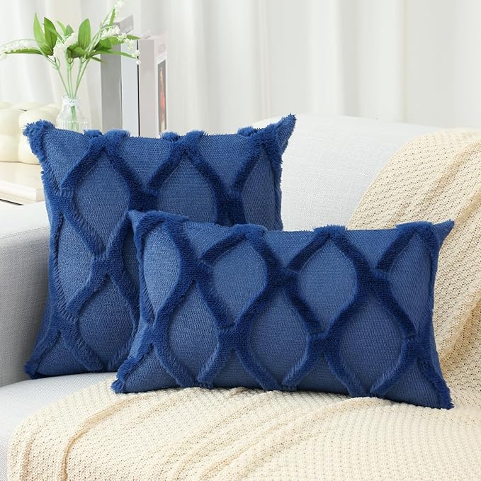 decorUhome Throw Pillow Covers 22x22 Inch Set of 2, Soft Plush Faux Fur Wool Dark Blue Couch Pillow Covers, Decorative Neutral Pillow Cases for Bed Sofa Living Room Home Decor