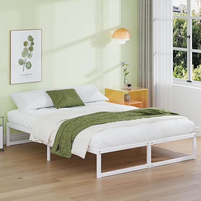 EMODA 12 Inch King Bed Frame, Metal Platform White Bed Frame King No Box Spring Needed, Heavy Duty Steel Slats Support, Easy Assembly, Noise Free