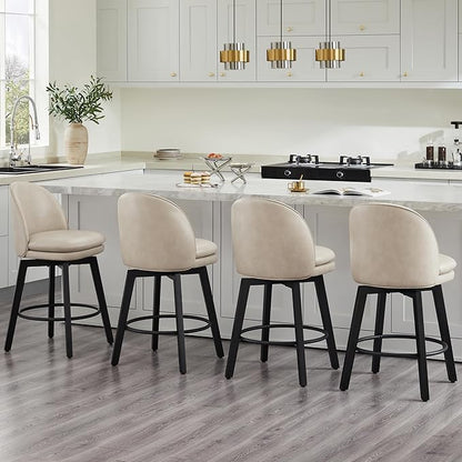 Counter Height Barstools 26 inch Upholstered Swivel Bar Stools with Back and Wood Legs for Kitchen Island,Set of 2,Beige PU Leather-Armless