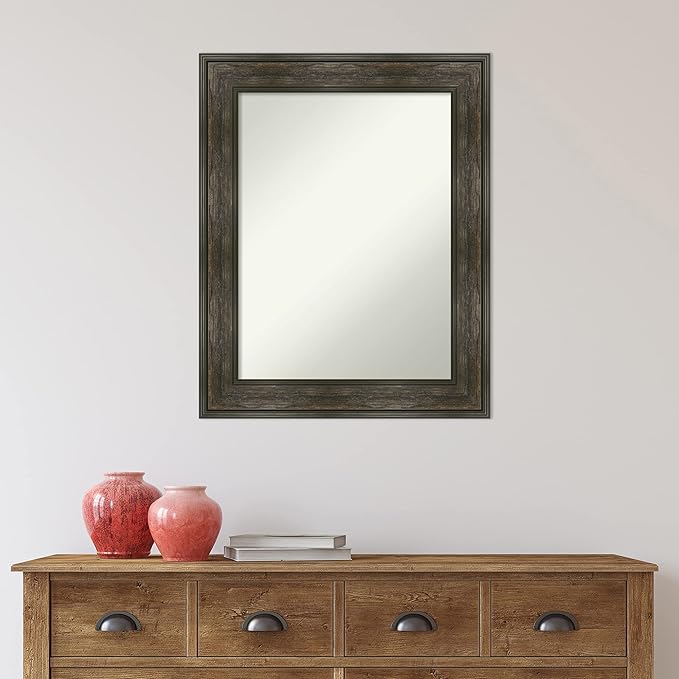 Amanti Art Grey Bathroom Mirror for Over Sink, 28x22 Pinstripe Plank Grey Narrow Rectangle Vanity Mirror, Medium Country Rustic Frame, Hangs Horizonally and Vertically, Bathroom Wall Decor