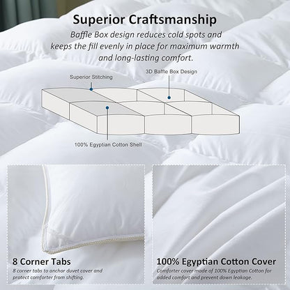 Luxurious All-Season Goose Down Feather Fiber Comforter King Size Duvet Insert, Premium White Solid Plain Design, Premium Baffle Box, 100% Egyptian Cotton, 80 oz Fill Weight