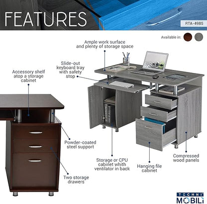 47.5'' Computer Desk with File Cabinet and Drawers, Storage Cabinet with Removable Shelf and Ventilation for CPU, Home Office Desk or Computer Workstation with Keyboard Tray, Grey