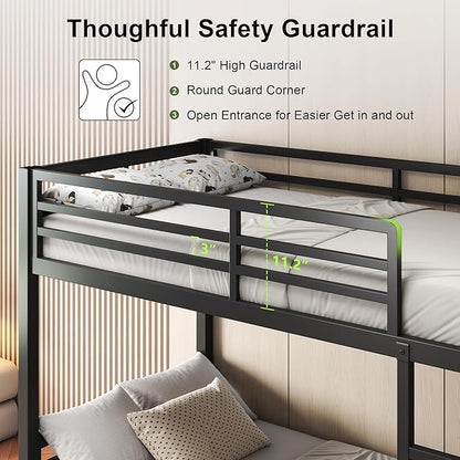 Feonase Metal Twin Over Twin Bunk Bed with Ladder and High Guardrail, Heavy-Duty Metal Slats Support, Noise Free, No Box Spring Needed, for Kids and Juniors, Black