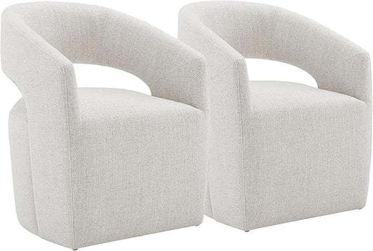 Upholstered Dining Chairs with Casters No Assembly Modern Barrel Armchair with Rollers for Diningroom Bedroom Livingroom Reading Room,Set of 2,White