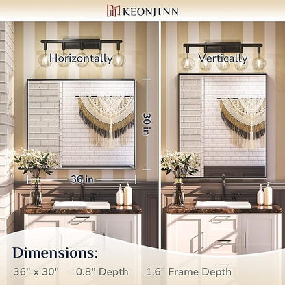 Keonjinn Black Bathroom Mirror 30 x 36 Inch, Metal Frame Black Mirror for Bathroom Sink, Rectangular Square Corner, Modern Farmhouse, Rectangle Vanity Mirror for Wall(Horizontal/Vertical)