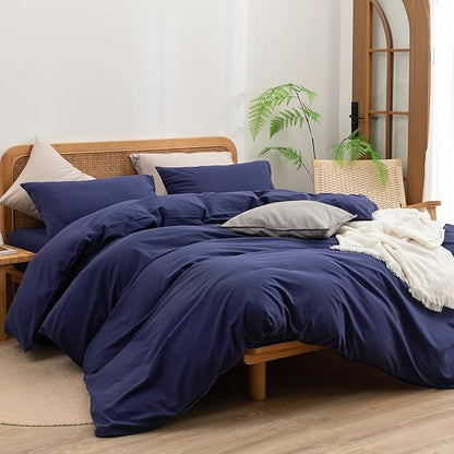 BESTOUCH Duvet Cover Set 100% Washed Cotton Linen Feel Super Soft Comfortable Chic Lightweight 2 PCs Home Bedding Set Solid Navy Blue Twin/Twin XL