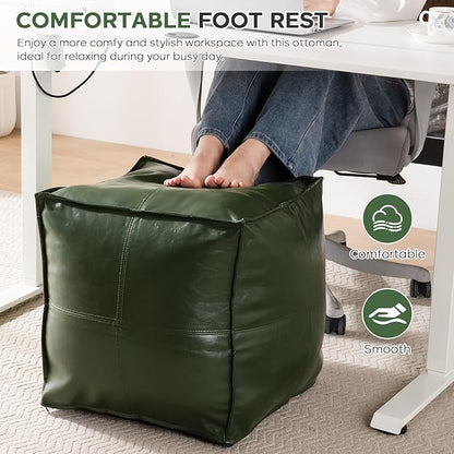 Unstuffed Pouf Cover (Only Cover, No Filler), 17.7" Faux Leather Poofy Ottoman Cover, Square Footstool For Storage Living Room Decoration Foot Rest, Footrest for Bedroom Balcony Office Chair, Green