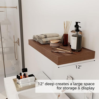 12 Inch Deep Floating Shelves, 24 x 12 Floating Shelf for Books, Rustic Wood Deep Wall Shelves for Home Storage & Display, 2" Thicked Shelves for Kitchen, Living Room, Bedroom, Walnut Color, 2 Pack