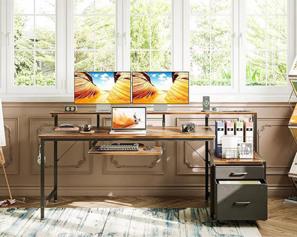 AODK Computer Desk with Drawers and Keyboard Tray, 63" Office Desk with Power Outlet, Reversible Study Work Desk with Printer Shelf and PC Stand for Home Office, Vintage