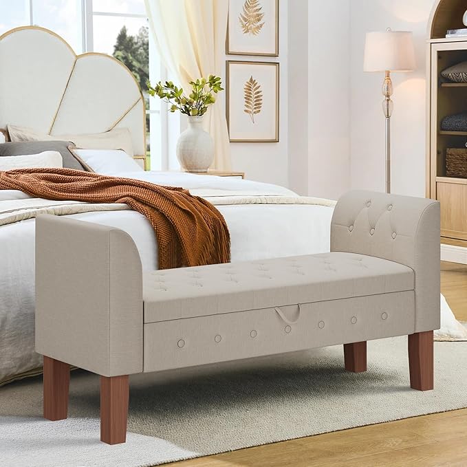 Awonde Upholstered Storage Bench with Arms Ottoman Bench for Bedroom Entryway Living Room Khaki