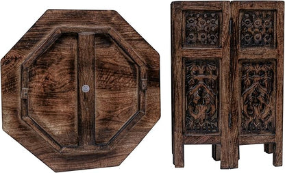 The Wooden Town End Tables for Living Room– Hand Carved Vintage Boho Folding Side Tables for Small Spaces, Entryway, Living Room, Bedroom – No Tools Assembly, 18"x18" Octagon, Scorch Burnt Finish