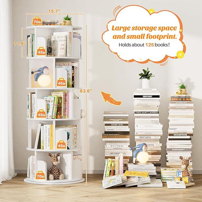 Aheaplus Rotating Bookshelf, 360 Display Wood Spinning Bookshelf Tower, 5 Tier Floor Standing Bookcase Storage Rack, Revolving Bookcase Corner Bookshelfs for Small Space, Bedroom, Study Room, White