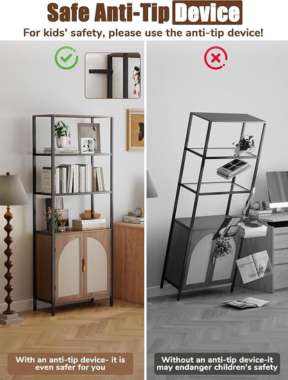 5 Tier Rattan Bookcase with Light 71" Tall Boho Bookshelf with Doors Large Bookcase with Adjustable Shelf Farmhouse Storage Cabinet Bookshelves for Living Room Bedroom Home Office Kitchen