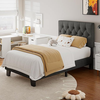 Feonase Twin Platform Bed Frame with Button Tufted Headboard, Upholstered Linen Bed with Wooden Slats Support, No Box Spring Needed, Noise-Free, Easy Assembly, Dark Grey