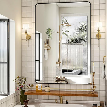 30 x 48 Inch Bathroom Mirror, Rounded Rectangular Vanity Mirror for Wall, Modern Mirror for Room Decor, Black Framed Wall-Mounted Mirrors for Home Decor, Hangs Horizontally or Vertically