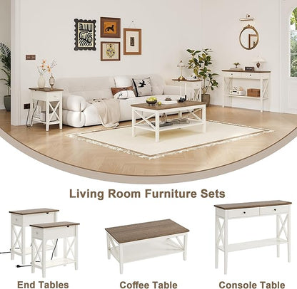 ChooChoo End Table Set of 2 with Charging Station, Narrow End Table with USB Ports and Outlets, Small Side Table Nightstand with Drawer for Living Room, Bedroom, Soft White
