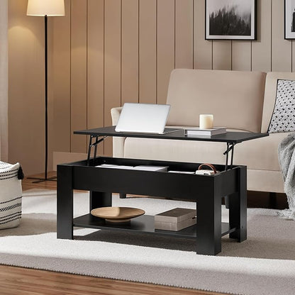 Yaheetech Wooden Coffee Table, Lift Top Coffee Table with Large Hidden Storage Shelf, Lift Tabletop Dining Tables for Living Room, Home Small Space, 38.6in, Black